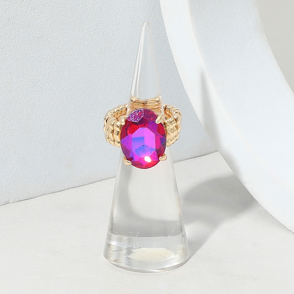 Abalone Fuchsia Oval Cut Crystal Stretch Ring Faceted Fashion Statement Jewelry